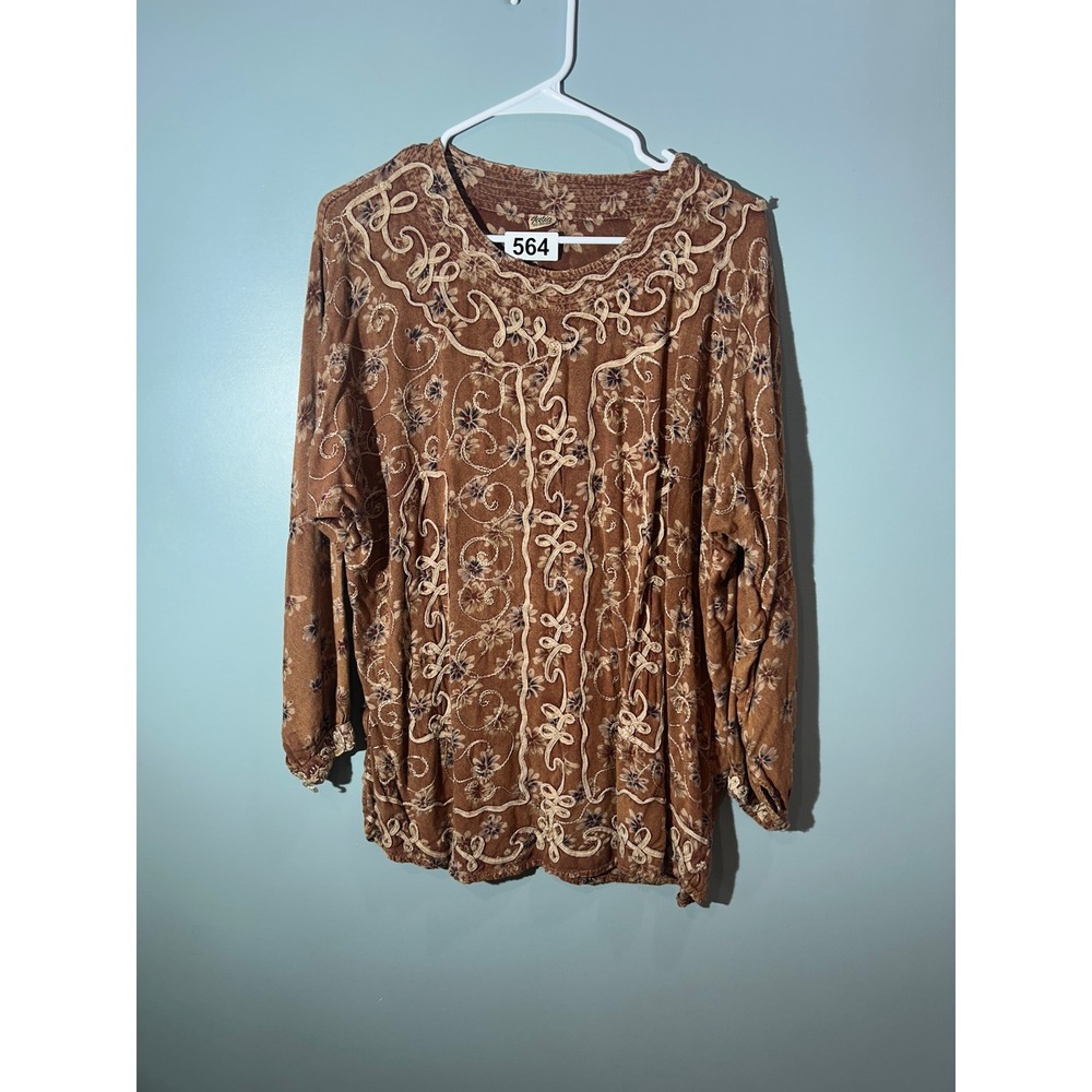 Julia Brown Floral Rayon Blouse Soutache Embroidery Boho Long Sleeve Top